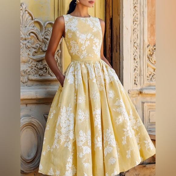 Linen Vibes/Chilinen Dresses & Skirts - Sunny Yellow Floral Midi Dress #140